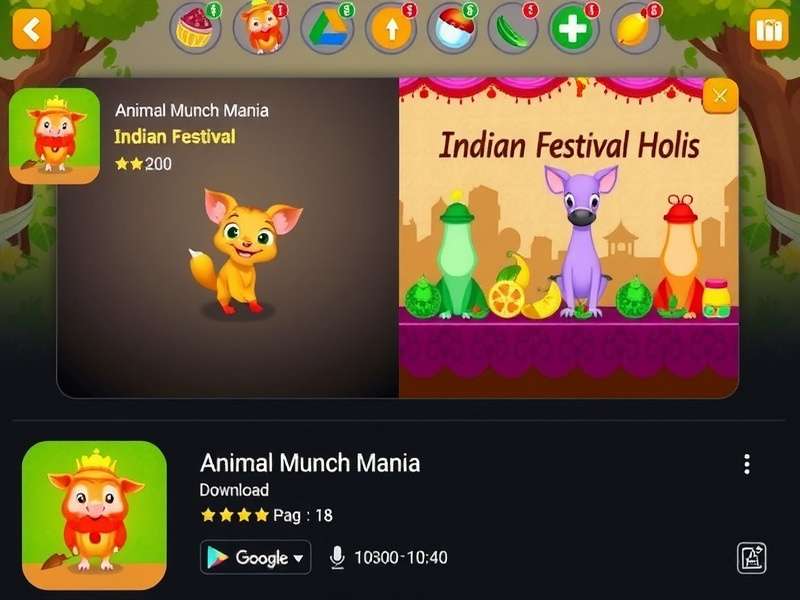 Animal Munch Mania gameplay screenshot showing colorful animals and food items